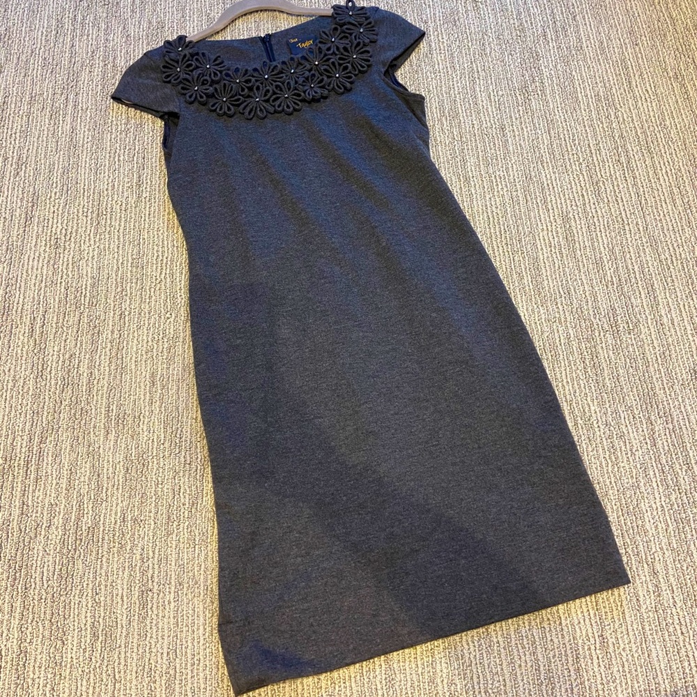 Gray shift dress w floral/stone embellished collar